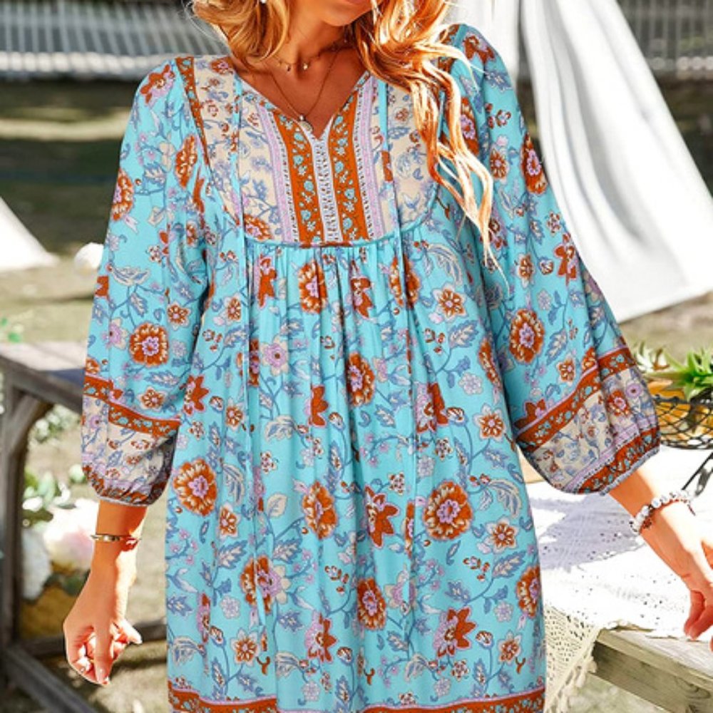 Temofon | Loose casual Boho Dress Lt. Blue Size L NWT